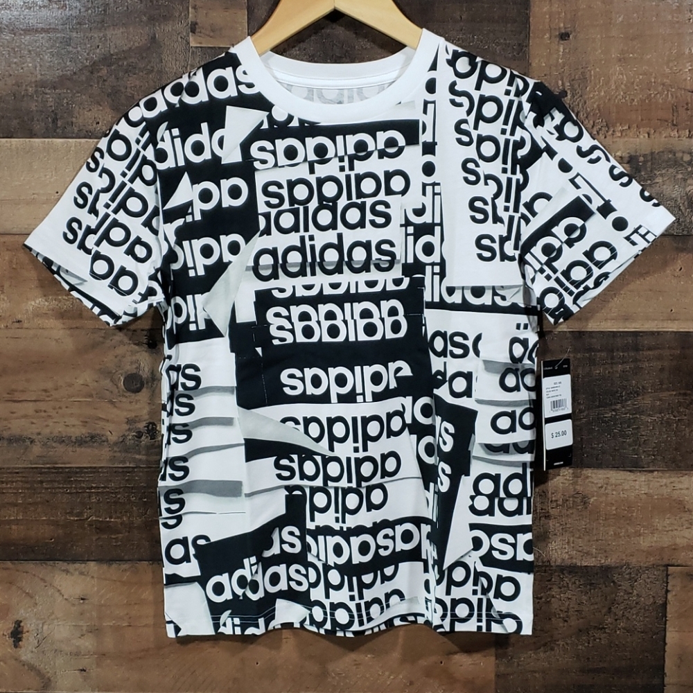 Adidas linear All Over‎ logo Print short sleeve t-shirt NWT Size M & S Available